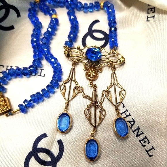 Rare Designer signed SADIE GREEN DECO Sapphire Crystal Necklace Brooch - Picture 1 of 7